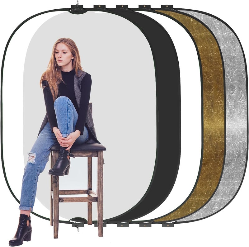 Wellmaking 5x6.5feet/1.5x2M Reflector Photography, Collapsible Light Reflector with Threaded Handle & tilt Adapter, 5 in 1 Handle Reflector for Lighting -Translucent, Silver, Gold, White and Black - Image 1